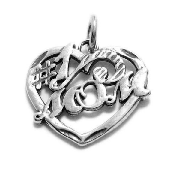 ELEGANT "#1 MOM" CALLIGRAPHY HEART CHARM IN STERLING SILVER - Picture 1 of 2